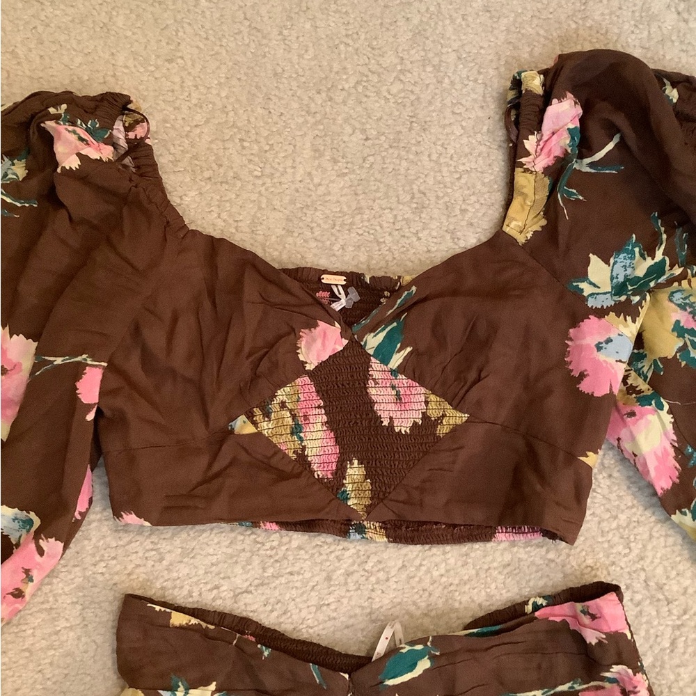 New Free People Dust Til Dawn Boho Brown Floral Long Sleeve Shorts Set Whimsy XS - Picture 5 of 16